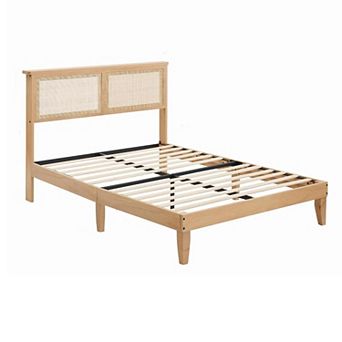 Boho Rattan Bed Frame with LED Headboard, Storage & Silent Slats, No Box Spring & Easy Setup