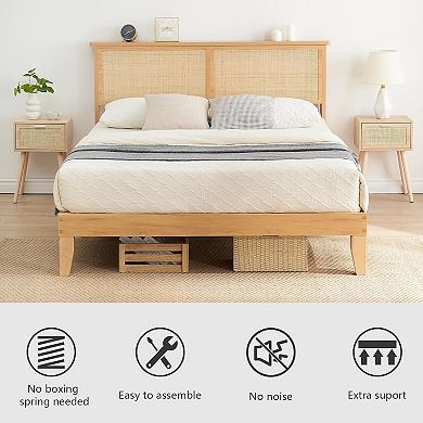 Boho Rattan Bed Frame with LED Headboard, Storage & Silent Slats, No Box Spring & Easy Setup