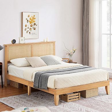 Boho Rattan Bed Frame with LED Headboard, Storage & Silent Slats, No Box Spring & Easy Setup