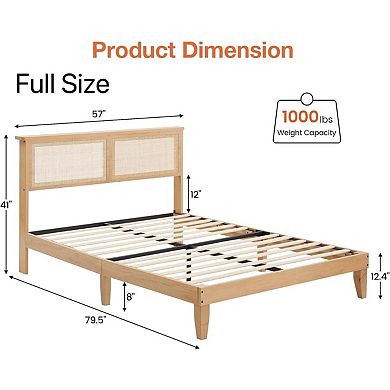 Boho Rattan Bed Frame with LED Headboard, Storage & Silent Slats, No Box Spring & Easy Setup
