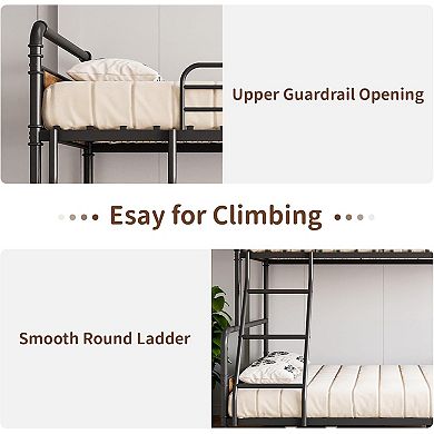 Heavy Duty Bunk Bed with Guardrail & Ladder, Metal Slats for Teens & Adults