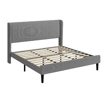 Grey Velvet Bed Frame with Wingback Headboard, Wood Slats, Noise Free & Easy Assembly