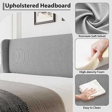 Grey Velvet Bed Frame with Wingback Headboard, Wood Slats, Noise Free & Easy Assembly