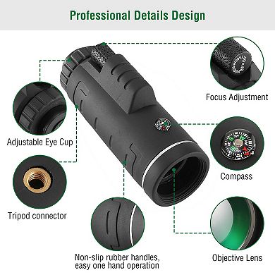 40x40 HD Monocular FMC Lens, Low-Light Scope with Phone Holder, Tripod & Compass