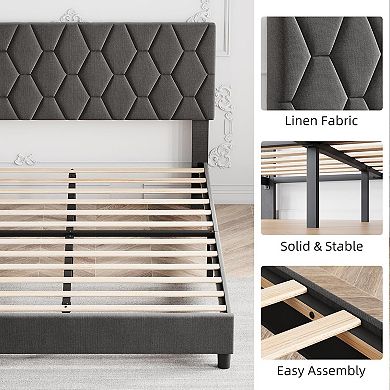 Upholstered Platform Bed Frame with Headboard, Wood Slats, Noise Free & Easy Assembly