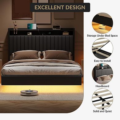 Floating Upholstered Bed Frame with Storage, LED Lights & Charging Station