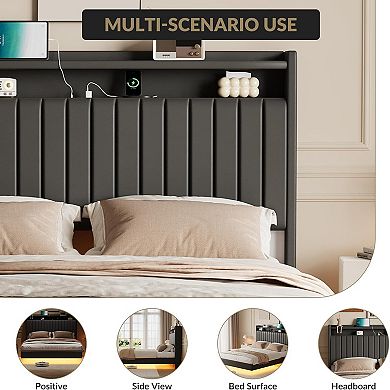 Floating Upholstered Bed Frame with Storage, LED Lights & Charging Station
