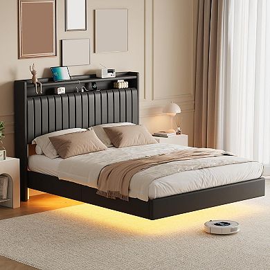 Floating Upholstered Bed Frame with Storage, LED Lights & Charging Station