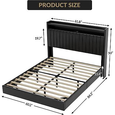 Floating Upholstered Bed Frame with Storage, LED Lights & Charging Station