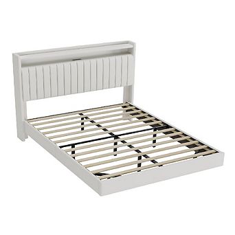 Floating Upholstered Bed Frame with Storage, LED Lights & Charging Station