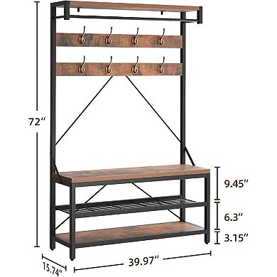 Industrial Entryway Bench with 8 Hooks, Storage Shelves & Hanging Rod (39.9"W x 72"H)