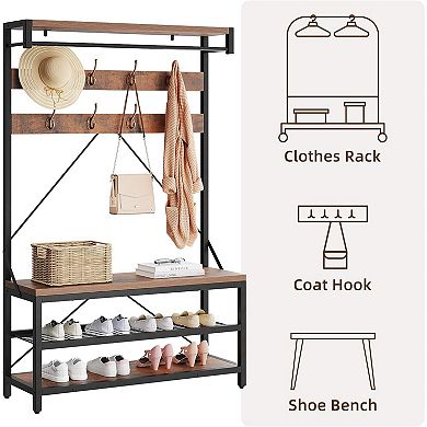 Industrial Entryway Bench with 8 Hooks, Storage Shelves & Hanging Rod (39.9"W x 72"H)