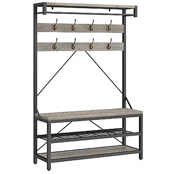 Industrial Entryway Bench with 8 Hooks, Storage Shelves & Hanging Rod (39.9"W x 72"H)
