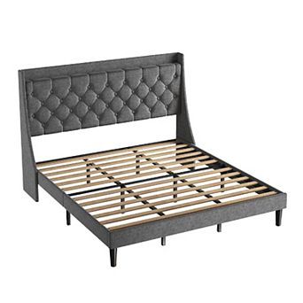 Dark Gray King Bed Frame with Wingback Headboard, Storage, Charging & USB Ports