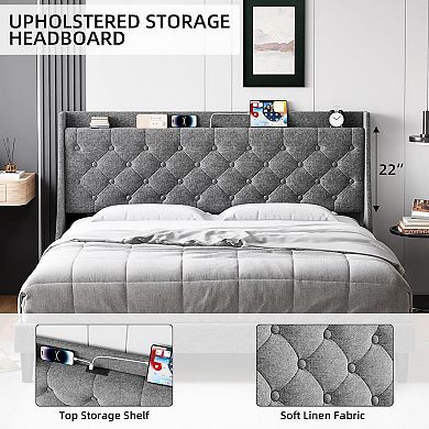 Dark Gray King Bed Frame with Wingback Headboard, Storage, Charging & USB Ports