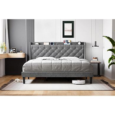 Dark Gray King Bed Frame with Wingback Headboard, Storage, Charging & USB Ports