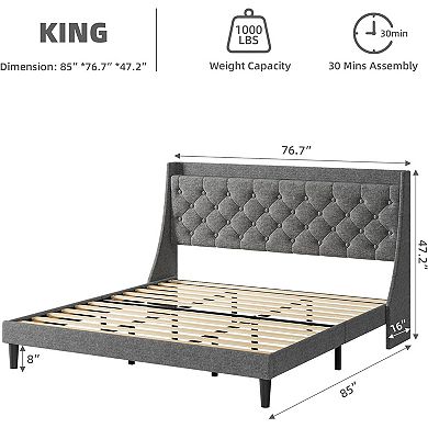 Dark Gray King Bed Frame with Wingback Headboard, Storage, Charging & USB Ports