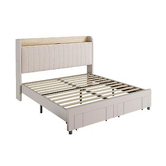 Upholstered Bed Frame with Storage Headboard & Charging Station, No Box Spring & Easy Assembly