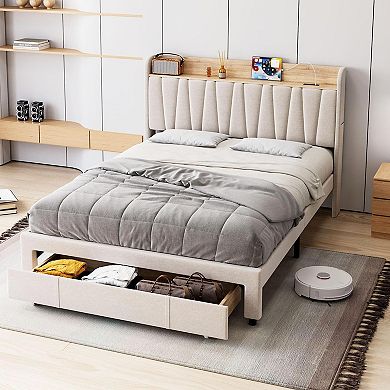Upholstered Bed Frame with Storage Headboard & Charging Station, No Box Spring & Easy Assembly