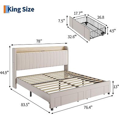 Upholstered Bed Frame with Storage Headboard & Charging Station, No Box Spring & Easy Assembly