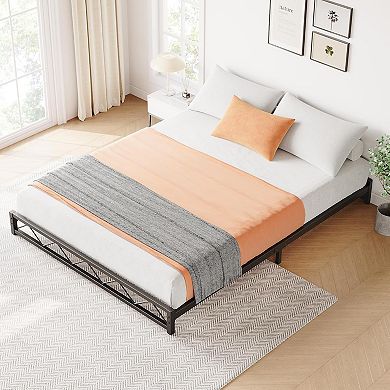 Modern Metal Platform Bed Frame with Steel Slats, No Box Spring & Tool-Free Assembly