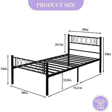 Twin Metal Bed Frame with Iron Heart Design, No Box Spring & Easy Assembly
