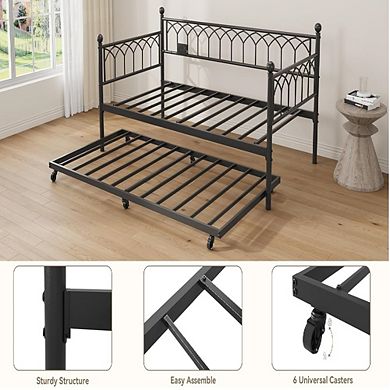 Daybed with Trundle, Charging & LED Lights, Metal Sofa Bed for Small Spaces