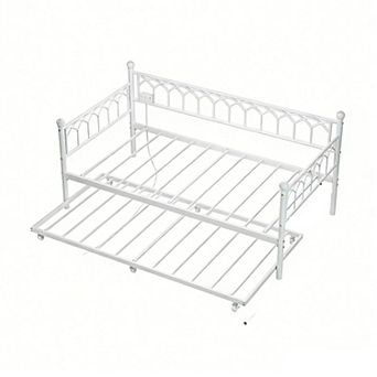Daybed with Trundle, Charging & LED Lights, Metal Sofa Bed for Small Spaces