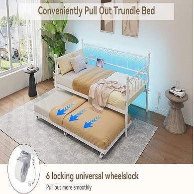 Daybed with Trundle, Charging & LED Lights, Metal Sofa Bed for Small Spaces