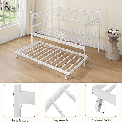 Daybed with Trundle, Charging & LED Lights, Metal Sofa Bed for Small Spaces