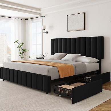 Black Linen Bed Frame with 4 Drawers, Wood Slats, Noise Free & Easy Assembly