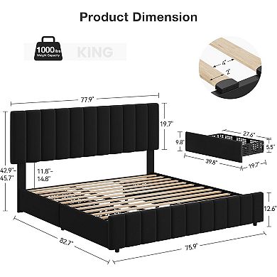 Black Linen Bed Frame with 4 Drawers, Wood Slats, Noise Free & Easy Assembly