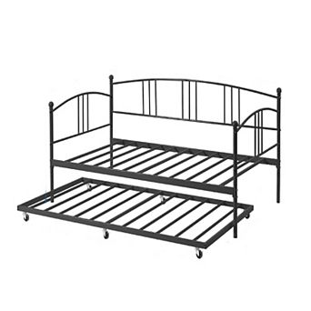 Metal Daybed with Trundle & Headboard, Steel Slats for Living Room & Guest Room