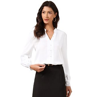 Casual Office Blouse for Women's Chiffon Stand Collar Split V Neck Long Sleeve Shirt