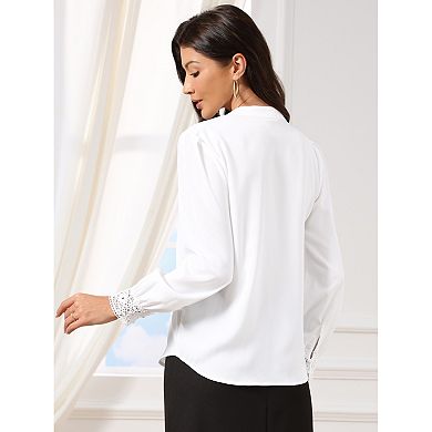 Casual Office Blouse for Women's Chiffon Stand Collar Split V Neck Long Sleeve Shirt