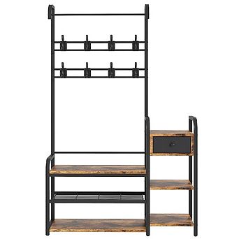 Industrial 5-in-1 Hall Tree Bench with 8 Hooks & Storage Drawer for Entryway
