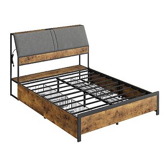 Vintage Bed Frame with Charging Station, 4 Wheeled Drawers & Tall Headboard