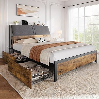 Vintage Bed Frame with Charging Station, 4 Wheeled Drawers & Tall Headboard