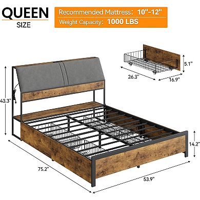 Vintage Bed Frame with Charging Station, 4 Wheeled Drawers & Tall Headboard