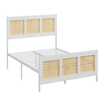 Boho Cane Bed Frame with Headboard, Metal Slats, Noise Free & No Box Spring