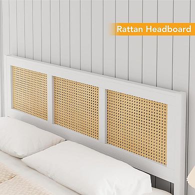 Boho Cane Bed Frame with Headboard, Metal Slats, Noise Free & No Box Spring