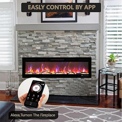 50-in Electric Fireplace Wall Mounted Smart APP 12 Flame Colors Ultra-Quiet Black