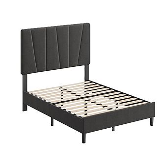 Full Linen Bed Frame with Adjustable Headboard, Wood Slats & Easy Assembly