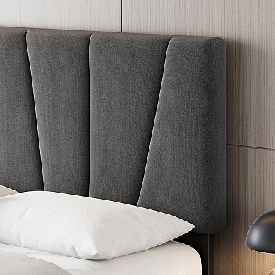 Full Linen Bed Frame with Adjustable Headboard, Wood Slats & Easy Assembly