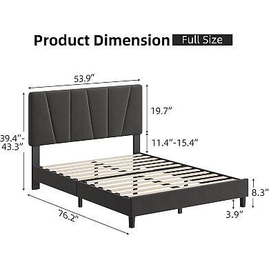 Full Linen Bed Frame with Adjustable Headboard, Wood Slats & Easy Assembly