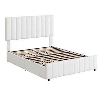 White Queen PU Leather Bed Frame with 4 Drawers & Adjustable Headboard, Wood Slats