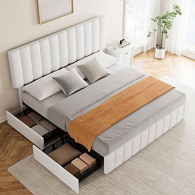 White Queen PU Leather Bed Frame with 4 Drawers & Adjustable Headboard, Wood Slats