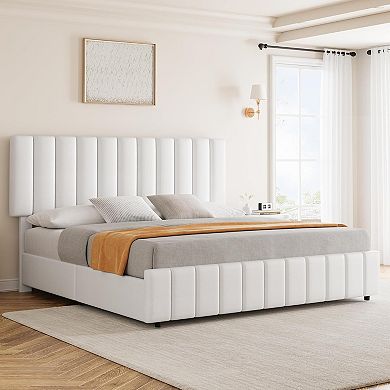 White Queen PU Leather Bed Frame with 4 Drawers & Adjustable Headboard, Wood Slats