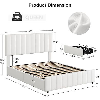 White Queen PU Leather Bed Frame with 4 Drawers & Adjustable Headboard, Wood Slats