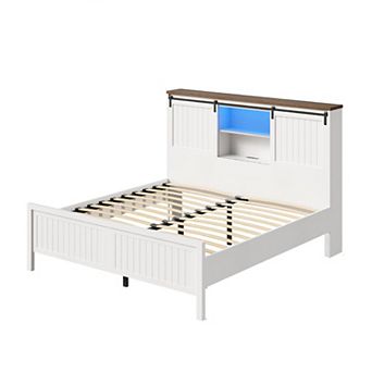 Farmhouse Bed Frame with Storage, USB Charging, LED Lights & Noise Free Design